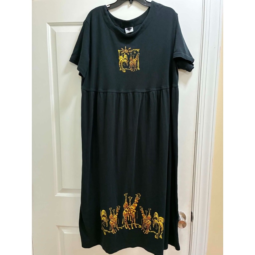 California  Concepts Womens XL Black Giraffe Print Maxi Dress Short Sleeve Boho‎